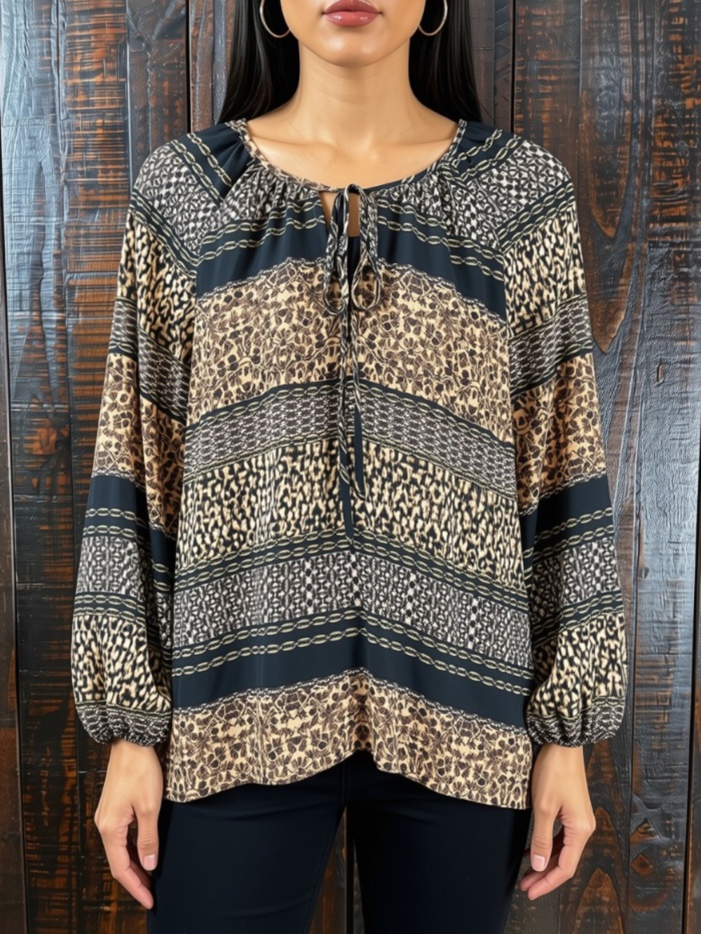 Kensie Sheer Chiffon Patterned Peasant Blouse NWT Medium